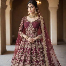 An elegant bridal dress in a deep, rich maroon color, intricately adorned with mehendi-inspired patterns and embellishments.