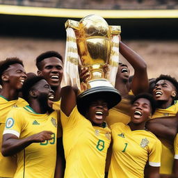 A group of soccer players wearing yellow and white uniforms lifting a trophy in celebration