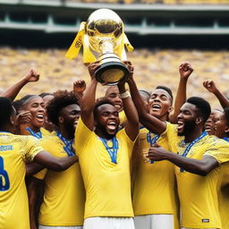 A group of soccer players wearing yellow and white uniforms lifting a trophy in celebration