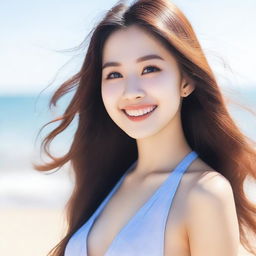 A beautiful Korean girl wearing a bikini, posing confidently at the beach