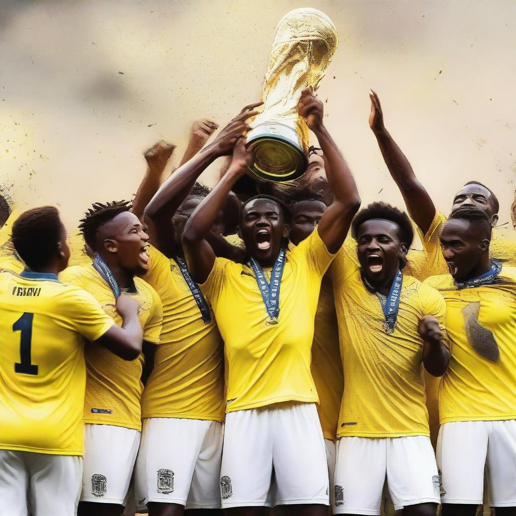 A group of soccer players wearing yellow and white uniforms lifting a trophy in celebration