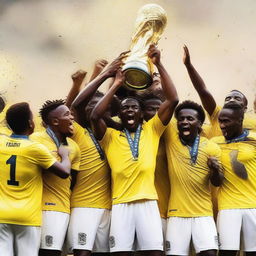 A group of soccer players wearing yellow and white uniforms lifting a trophy in celebration