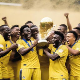 A group of soccer players wearing yellow and white uniforms lifting a trophy in celebration