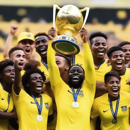 A group of soccer players wearing yellow and white uniforms lifting a trophy in celebration