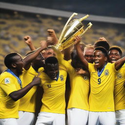 A group of soccer players wearing yellow and white uniforms lifting a trophy in celebration