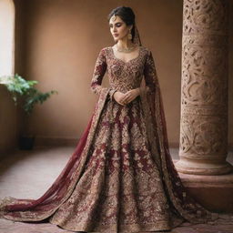 An elegant bridal dress in a deep, rich maroon color, intricately adorned with mehendi-inspired patterns and embellishments.