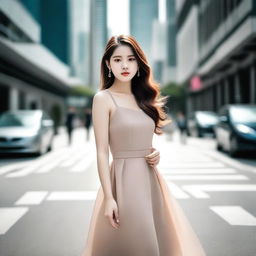 A beautiful Korean girl wearing a stylish and elegant dress that highlights her beauty