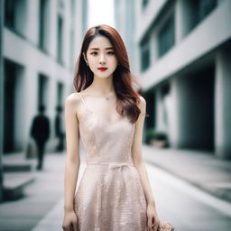 A beautiful Korean girl wearing a stylish and elegant dress that highlights her beauty