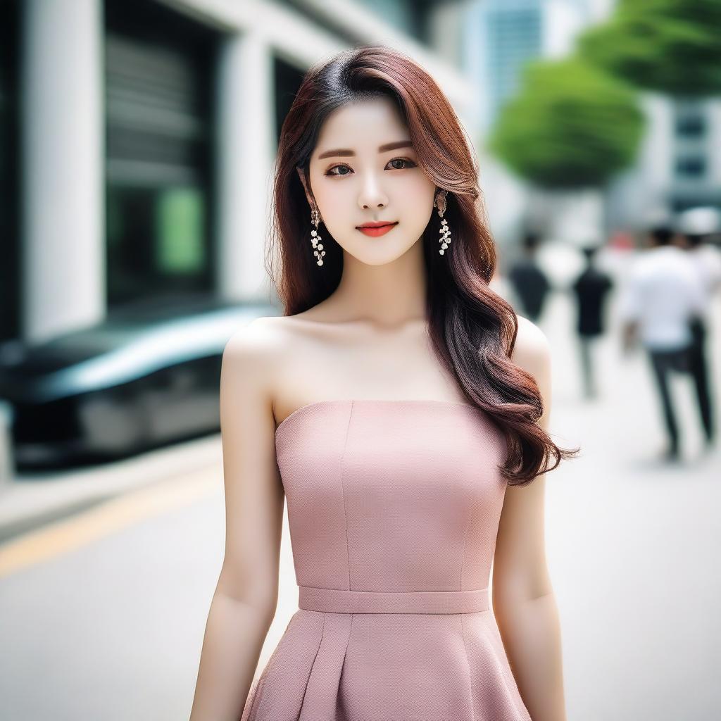 A beautiful Korean girl wearing a stylish and elegant dress that highlights her beauty