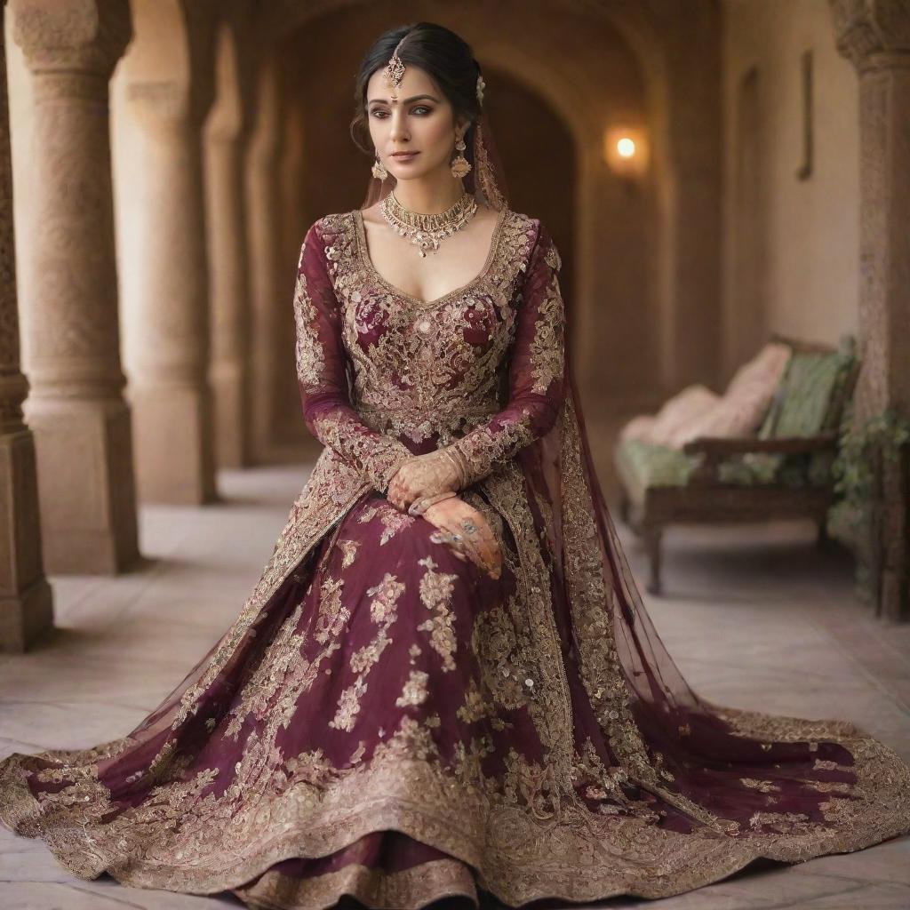 An elegant bridal dress in a deep, rich maroon color, intricately adorned with mehendi-inspired patterns and embellishments.