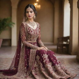 An elegant bridal dress in a deep, rich maroon color, intricately adorned with mehendi-inspired patterns and embellishments.