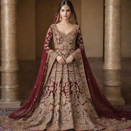 An exquisite Pakistani wedding dress in a rich maroon hue, adorned with intricate gold embroidery and sequins.