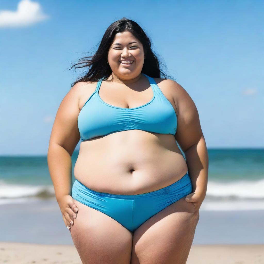 A chubby person wearing a bikini, standing confidently on a sunny beach with clear blue skies and gentle waves in the background