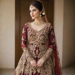 An exquisite Pakistani wedding dress in a rich maroon hue, adorned with intricate gold embroidery and sequins.