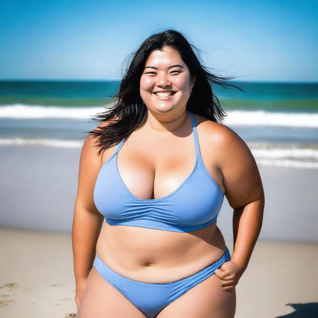 A chubby person wearing a bikini, standing confidently on a sunny beach with clear blue skies and gentle waves in the background