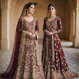 An exquisite Pakistani wedding dress in a rich maroon hue, adorned with intricate gold embroidery and sequins.