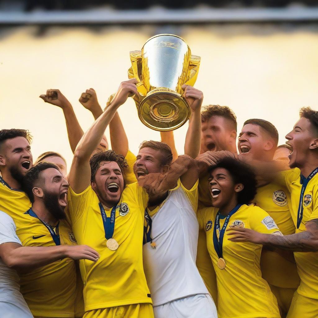 A group of white soccer players wearing yellow and white uniforms lifting a trophy in celebration