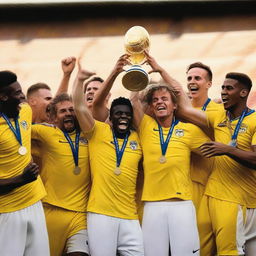 A group of white soccer players wearing yellow and white uniforms lifting a trophy in celebration