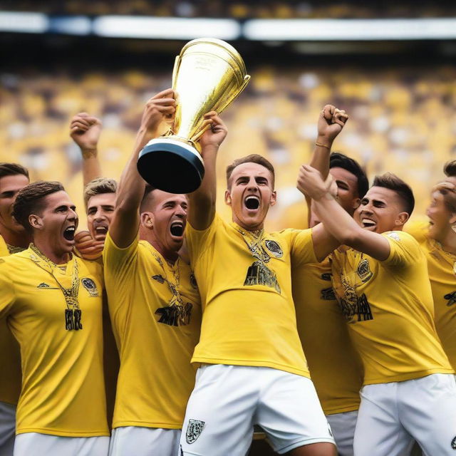 A group of white soccer players wearing yellow and white uniforms lifting a trophy in celebration