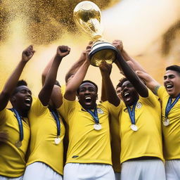 A group of white soccer players wearing yellow and white uniforms lifting a trophy in celebration