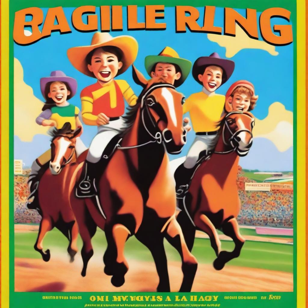 A vibrant and colorful poster for a children's movie about horse racing