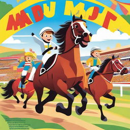 A vibrant and colorful poster for a children's movie about horse racing