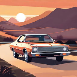 A detailed illustration of a classic 1970s car, showcasing its sleek design and vintage charm