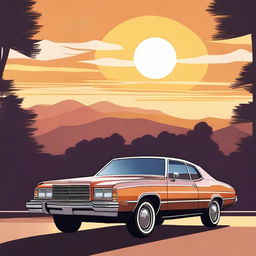 A detailed illustration of a classic 1970s car, showcasing its sleek design and vintage charm