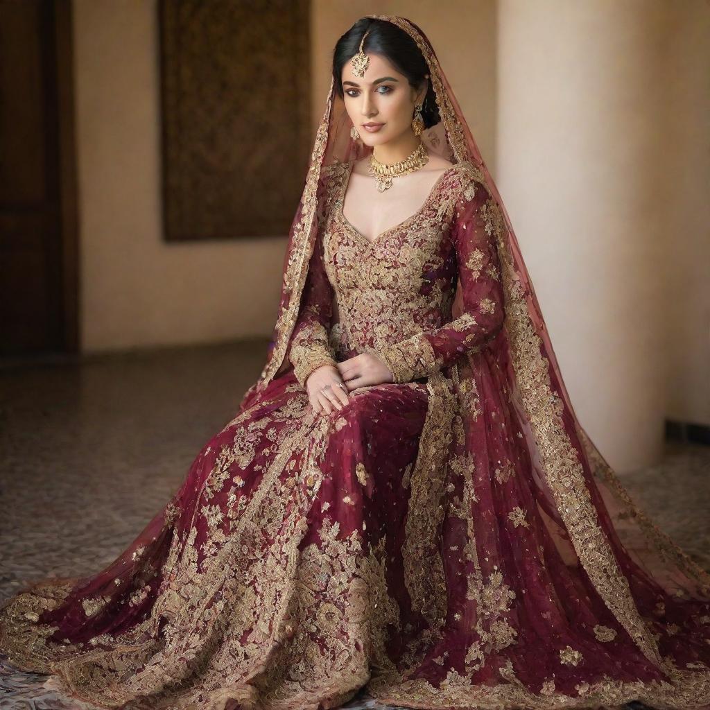 An exquisite Pakistani wedding dress in a rich maroon hue, adorned with intricate gold embroidery and sequins.