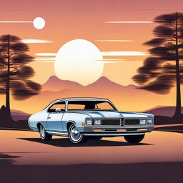 A detailed illustration of a classic 1970s car, showcasing its sleek design and vintage charm