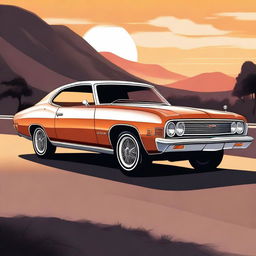 A detailed illustration of a classic 1970s car, showcasing its sleek design and vintage charm