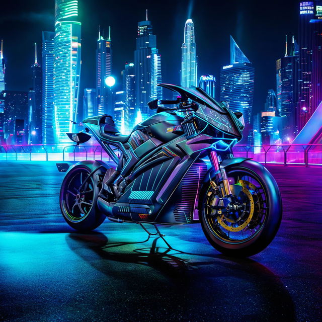 MotoGP bikes in an Electropunk universe, transformed into sleek, electric-powered machines with neon accents and futuristic designs, racing through a neon-lit cityscape