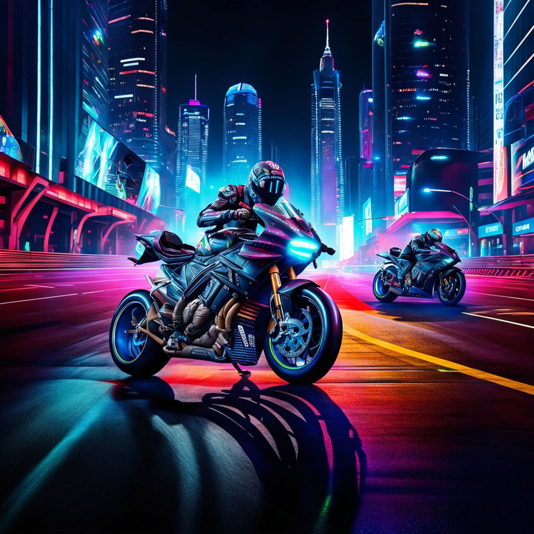 MotoGP bikes in a Cyberpunk universe, transformed into high-tech machines with neon lights and advanced technology, racing through a neon-lit metropolis