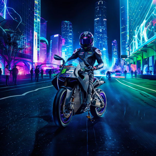 MotoGP bikes in an Internetpunk universe, transformed into cyber-powered machines with glowing LED strips and holographic displays, racing through a futuristic, neon-lit cityscape