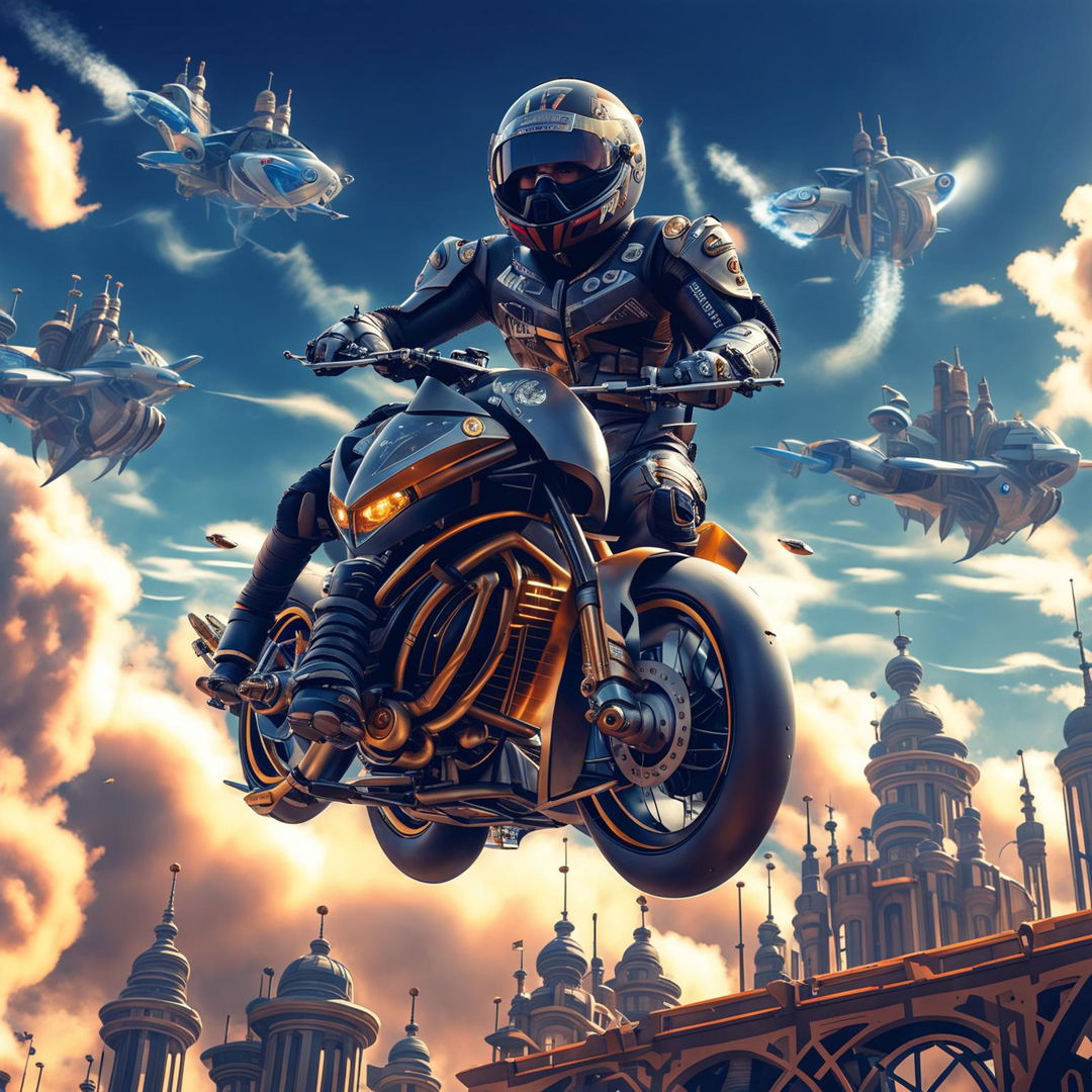 MotoGP bikes in an Airpunk universe, transformed into anti-gravity machines with aerodynamic wings and glowing thrusters, racing through a sky-high city with floating platforms and airships