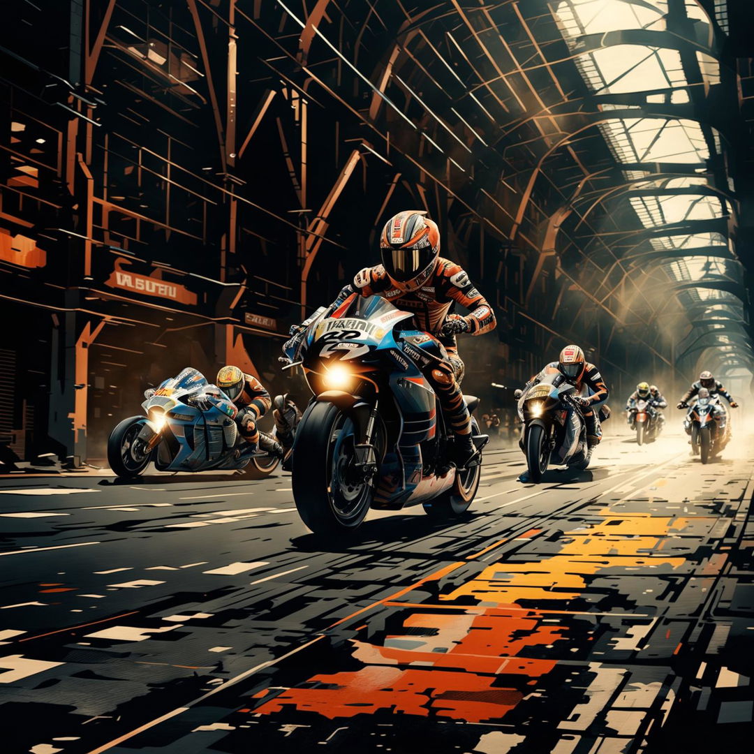 MotoGP bikes in a Gaspunk universe, featuring exposed metal frameworks and gas engines, racing through an industrial cityscape with factories and pipelines