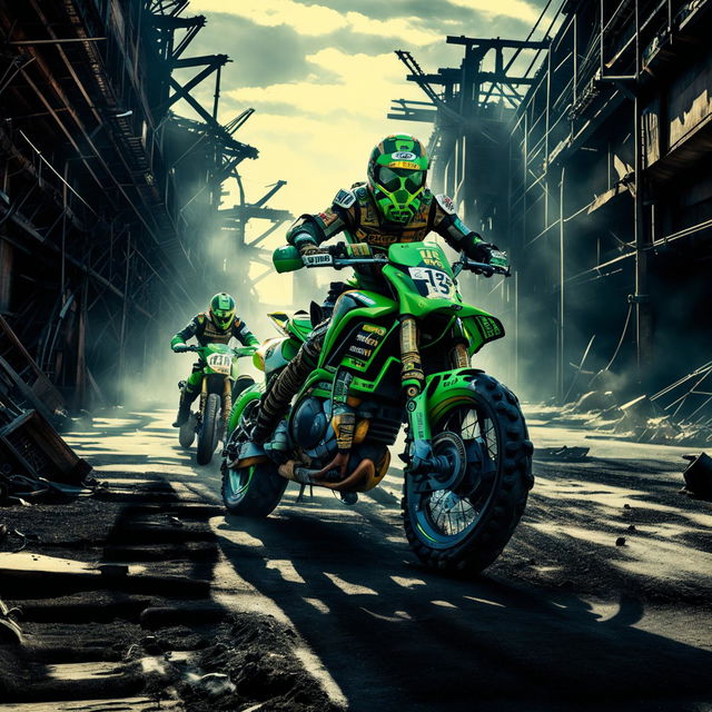 MotoGP bikes in a Nuclearpunk universe, transformed into nuclear-powered machines with makeshift armor and glowing green accents, racing through a post-apocalyptic landscape