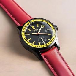 A detailed image of a black watch case with yellow numbers on the bezel