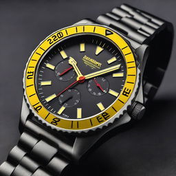 A detailed image of a black watch case with yellow numbers on the bezel