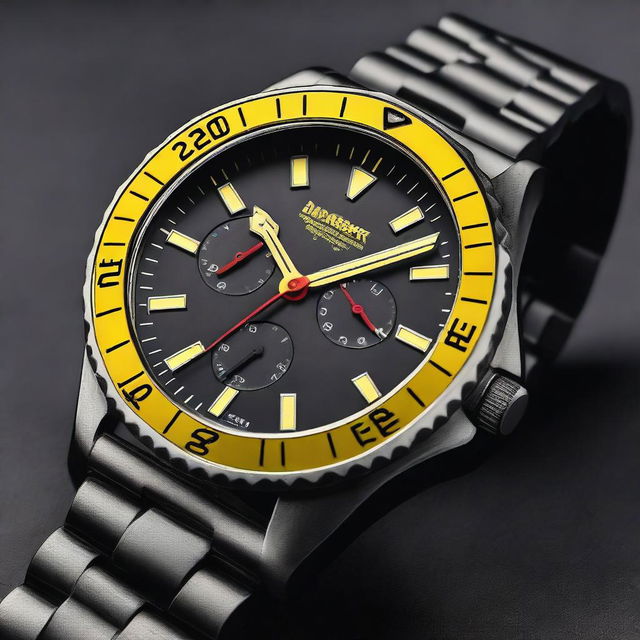 A detailed image of a black watch case with yellow numbers on the bezel