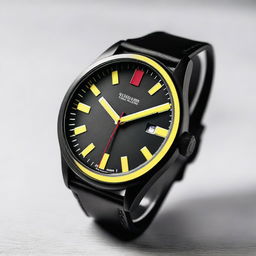 A detailed image of a black watch case with yellow numbers on the bezel