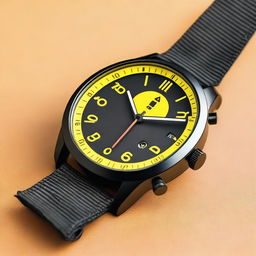 A detailed image of a black watch case with yellow numbers on the bezel