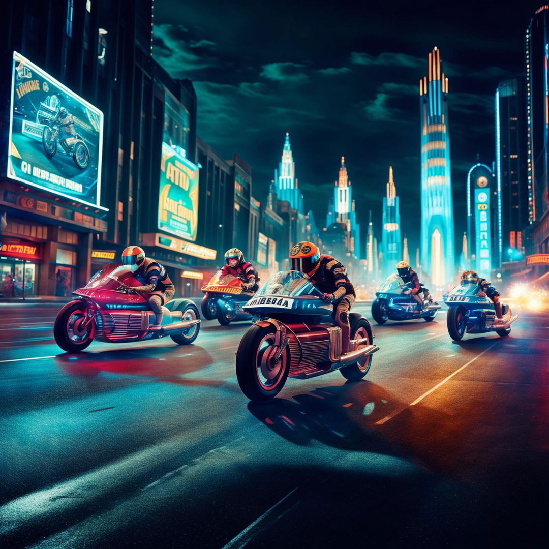 MotoGP bikes in an Atompunk universe, transformed into atomic-powered machines with chrome finishes and fins, racing through a retro-futuristic cityscape