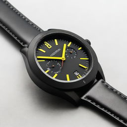 A sleek black watch case with a black watch face