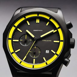 A sleek black watch case with a black watch face