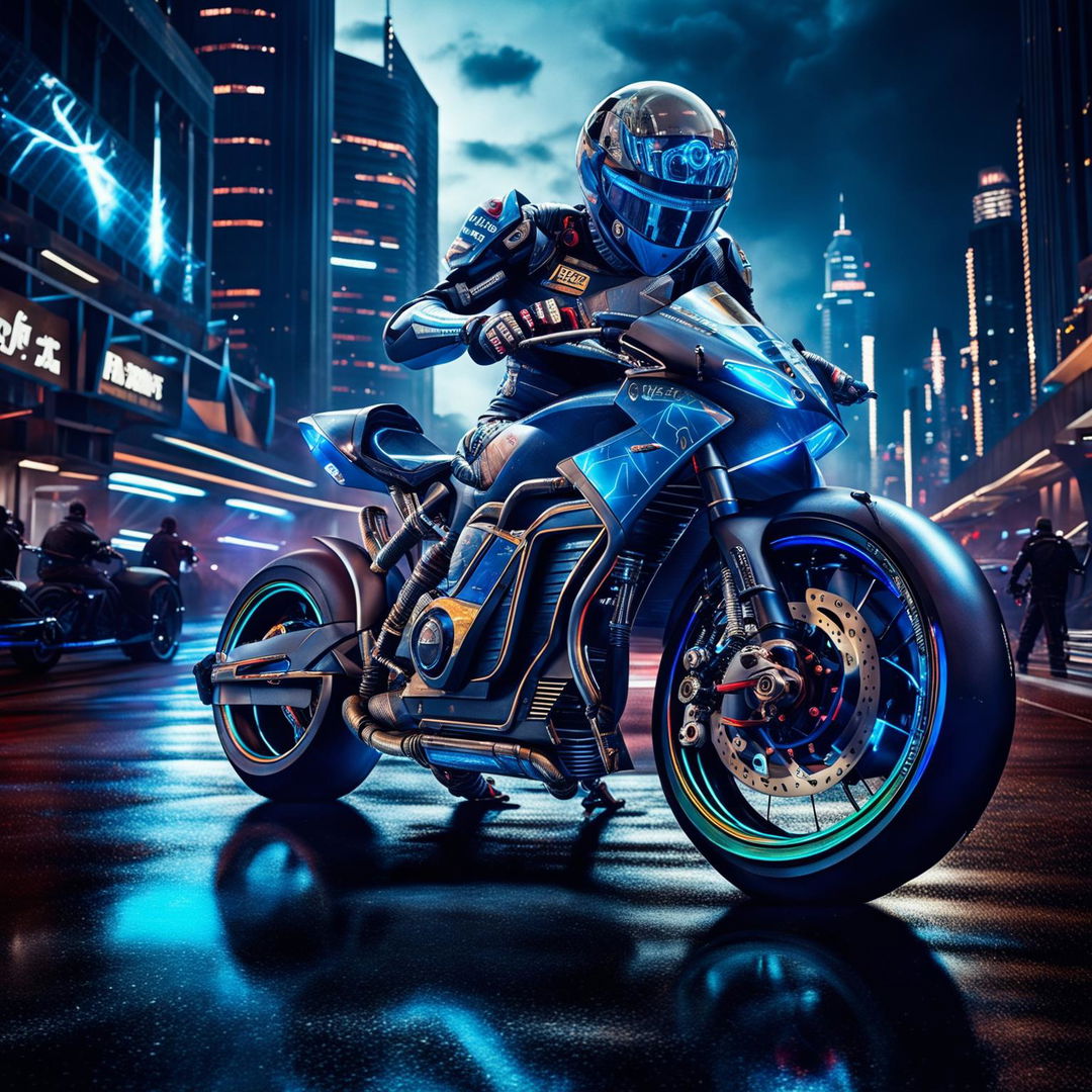 MotoGP bikes in a Teslapunk universe, featuring electric-powered machines with sleek metallic plating and glowing blue accents, racing through a futuristic cityscape with Tesla coils and power lines