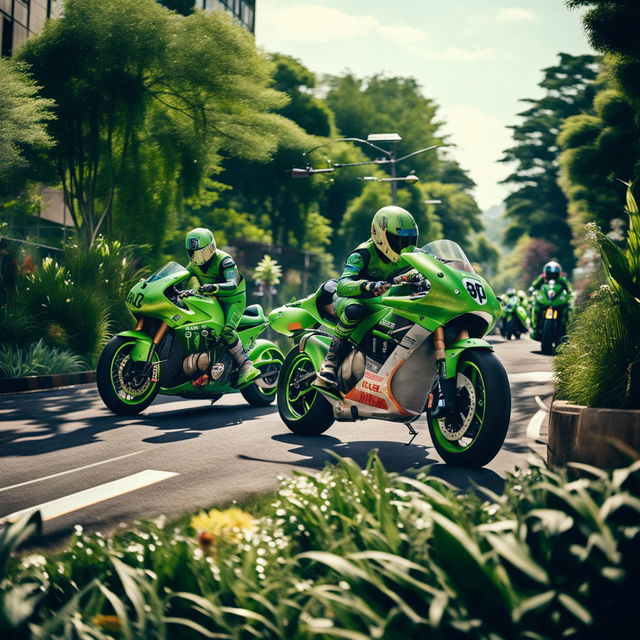 MotoGP bikes in a Greenpunk universe, transformed into eco-friendly, solar-powered machines with organic materials and green foliage, racing through a lush, verdant cityscape