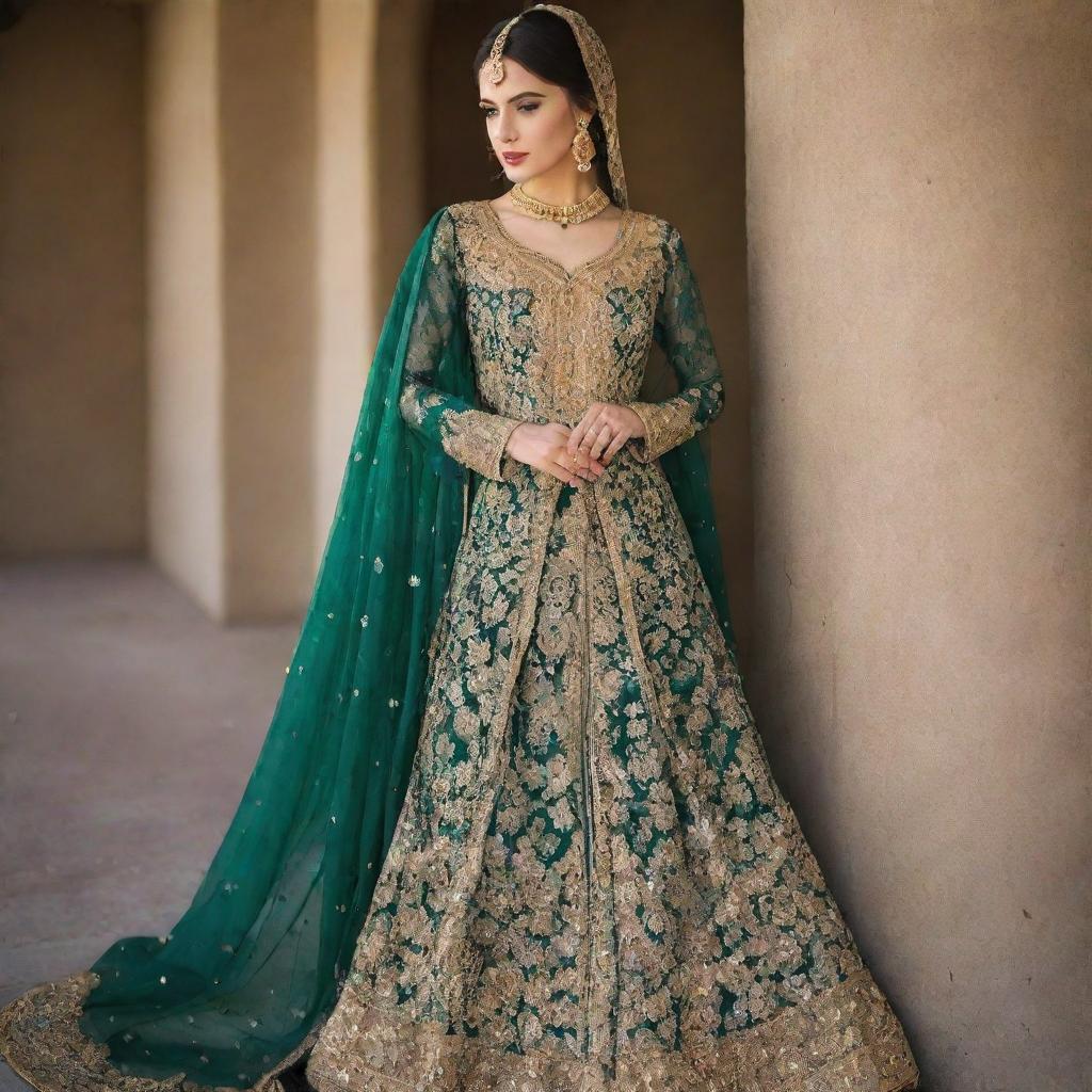 A traditional Pakistani wedding dress in rich, emerald green, adorned with intricate gold embroidery and sequins.