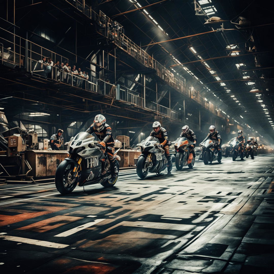 MotoGP bikes in a Factorypunk universe, transformed into factory-powered machines with gears and industrial motifs, racing through an industrial complex