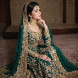 A traditional Pakistani wedding dress in rich, emerald green, adorned with intricate gold embroidery and sequins.